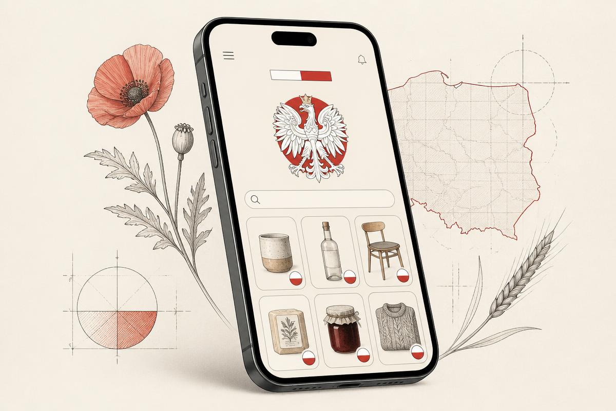 madeinpoland.app — aplikacja do wyszukiwania polskich produktów i producentów Aplikacja madeinpoland.app na ekranie smartfona: godło z białym orłem, wyszukiwarka polskich produktów i kafelki z biało-czerwonymi oznaczeniami, obok konturu mapy Polski.