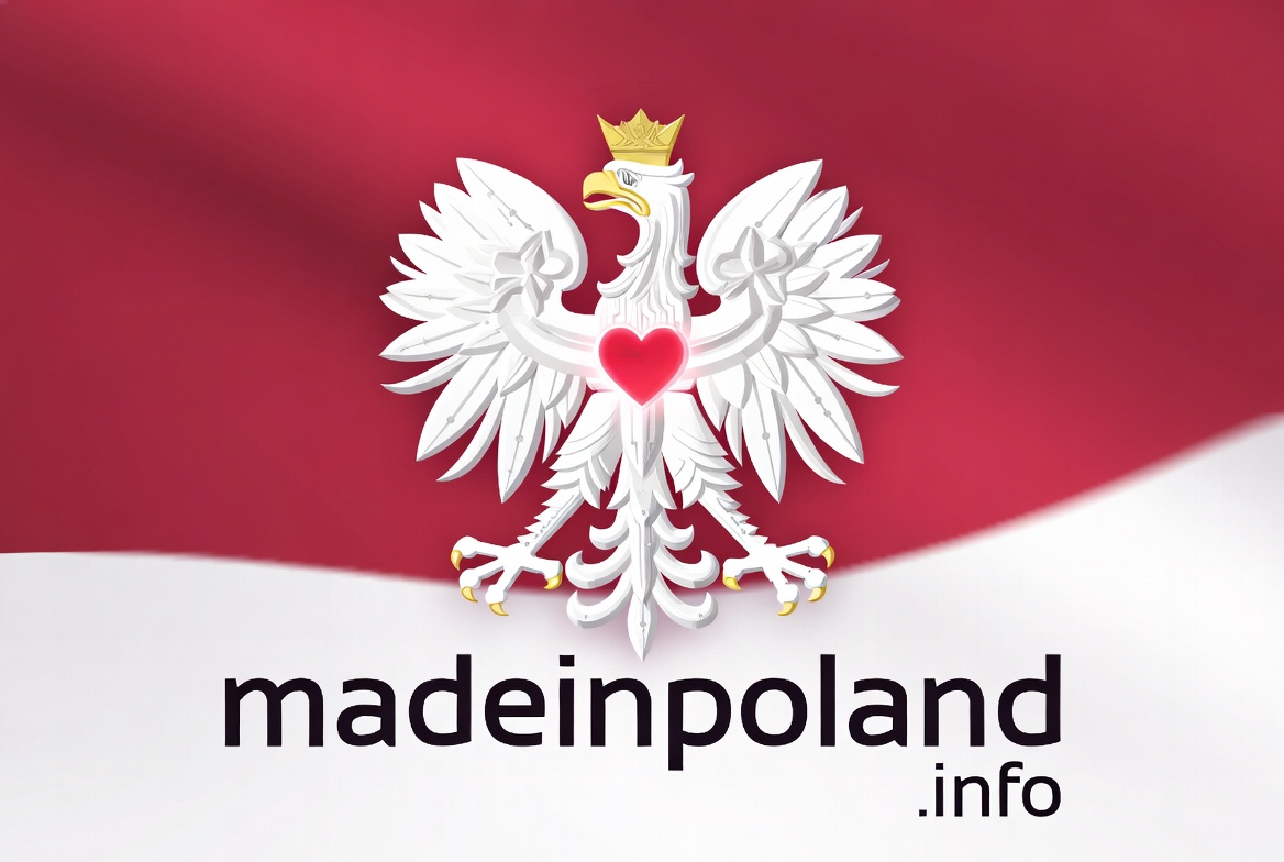 madeinpoland.info — godło Made in Poland: biały orzeł z czerwonym sercem i motyw nut Chopina Godło marki Made in Poland na granatowym tle: stylizowany biały orzeł z czerwonym sercem, otoczony motywem nut muzyki Chopina — znak domeny madeinpoland.info.